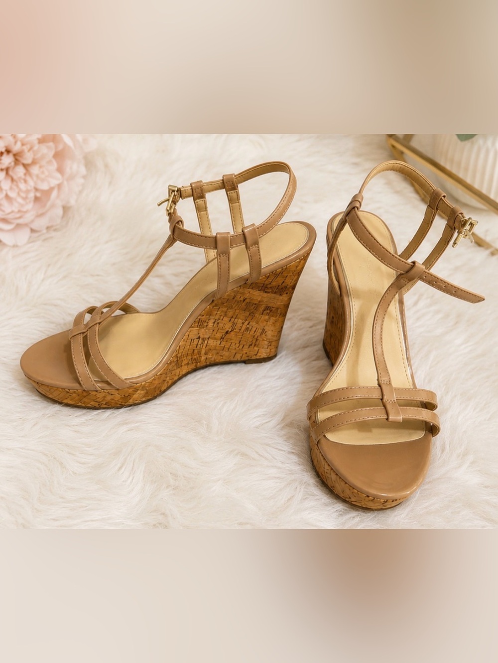 Jessica Simpson Tan Cork T-Strap Wedge Sandals